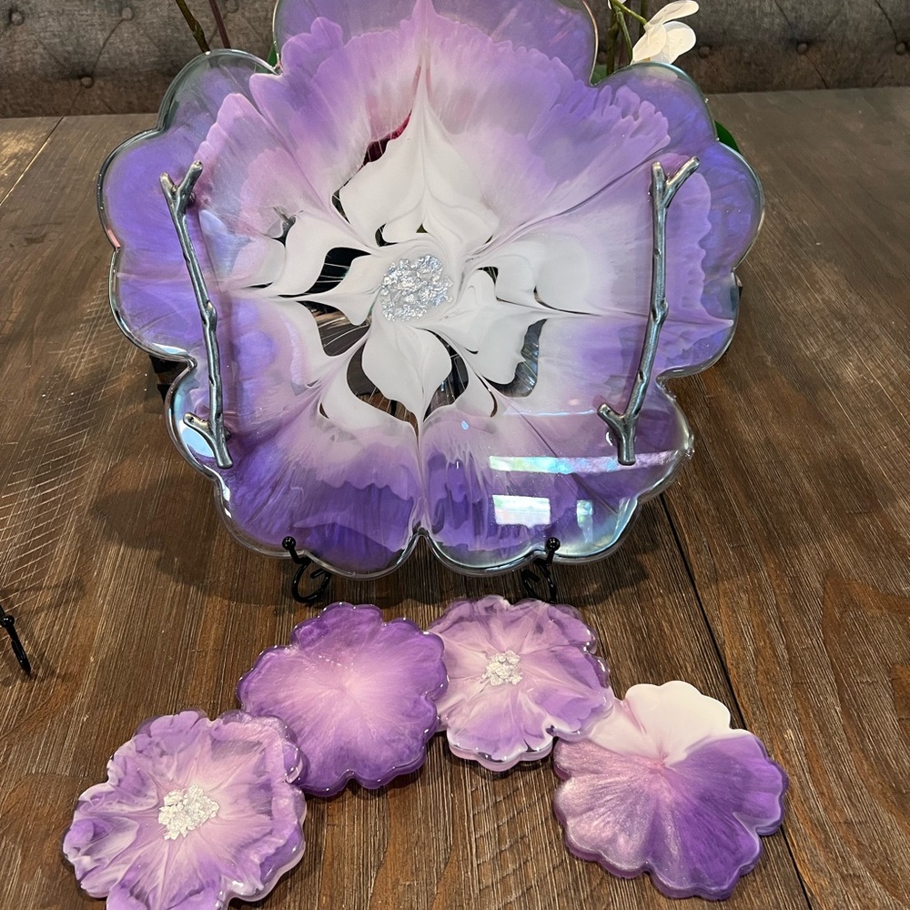 Purple and White Floral Resin Tray and Coasters